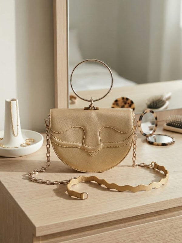 Gold metallic mini saddle bag with chain strap displayed on a wooden vanity in front of a mirror, with a hairbrush, jewelry tray, and ring stand styled around it.