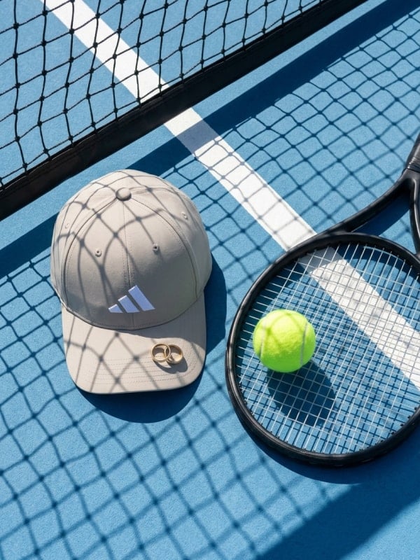 Beige Adidas cap resting on a blue tennis court next to a racket and tennis ball, with shadows from the court net falling across the surface.