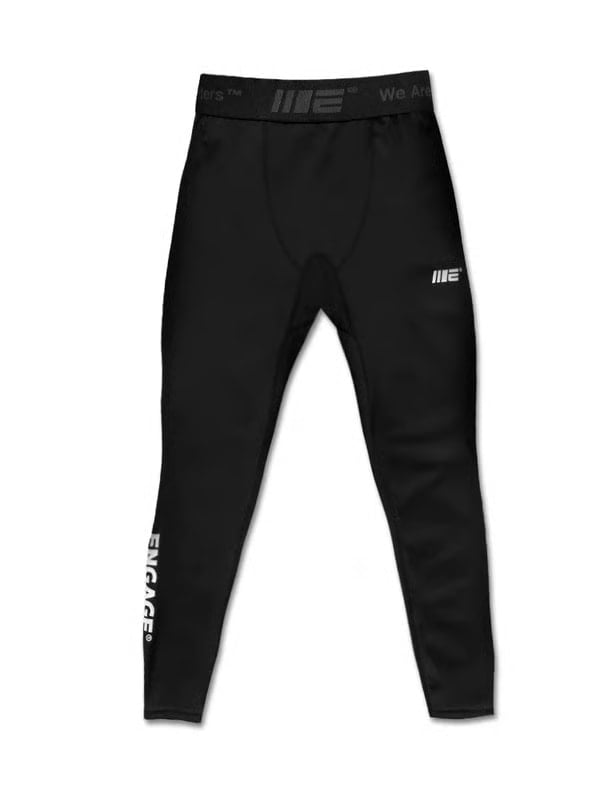 Black Engage compression tights with a printed logo waistband and reflective branding down the leg, displayed flat on a white background.