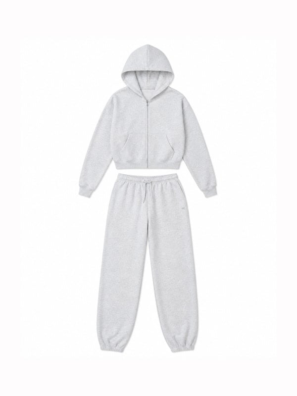 Heather grey zip-up hoodie and matching jogger sweatpants set, displayed flat on a clean white background.