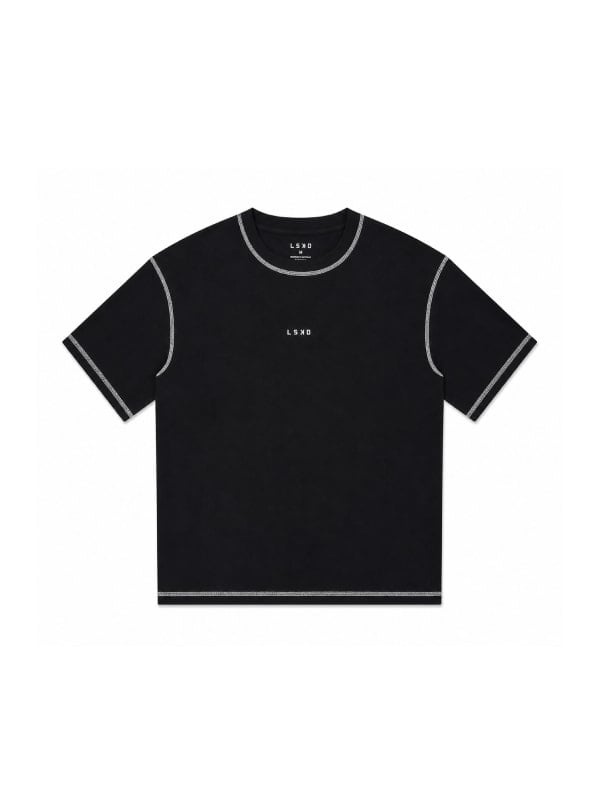 Black LSKD short-sleeve t-shirt with contrast white stitching and small chest logo, displayed flat on a white background.