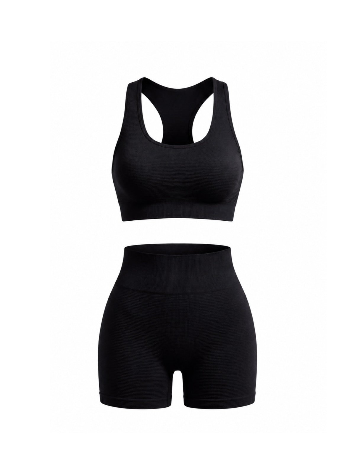 Black ribbed racerback sports bra and matching high-waisted bike shorts set, laid flat on a white background.