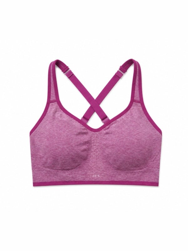 Heathered magenta sports bra with adjustable cross-back straps, displayed flat on a white background.