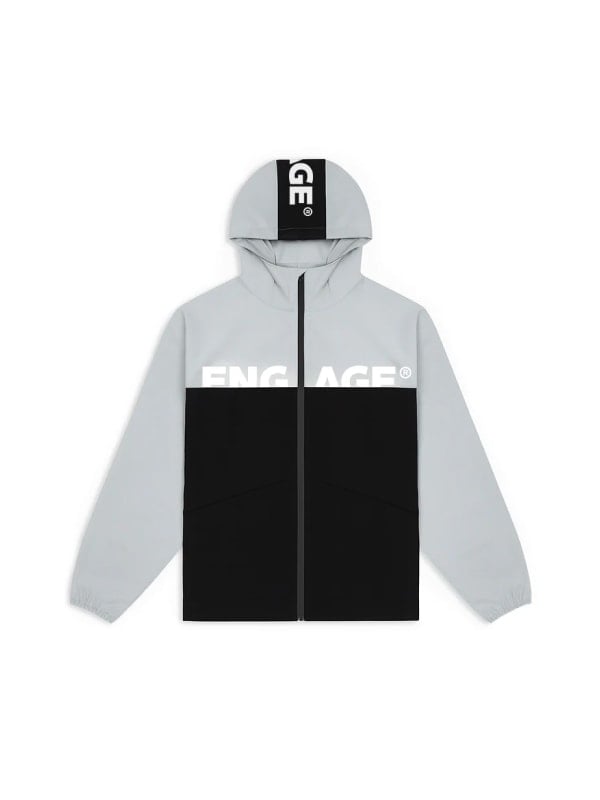 Light grey and black colour-blocked Engage zip-up windbreaker with hood and bold chest logo, displayed flat on a white background.