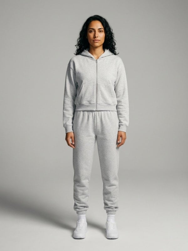 Woman with curly dark hair standing in a heather grey hoodie and matching joggers against a soft grey studio backdrop.
