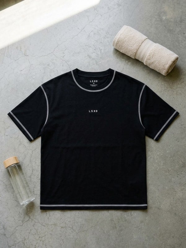 Black LSKD t-shirt flat-lay on a concrete floor styled with a rolled beige towel and a clear glass water bottle in soft sunlight.