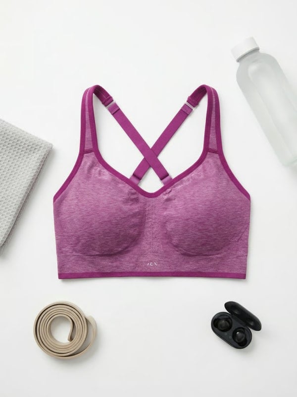 Heathered magenta sports bra flat-lay styled with a grey towel, clear water bottle, resistance band, and earbud case on a white background.