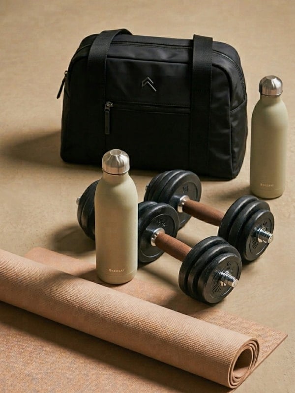 Black gym duffel bag styled with two olive water bottles, a pair of dumbbells, and a rolled cork yoga mat on a beige backdrop.