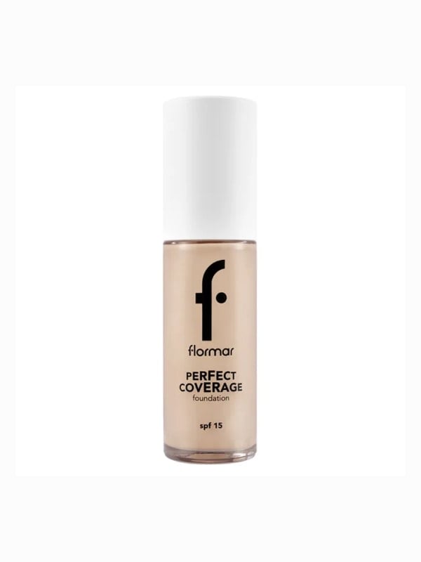 Flormar Perfect Coverage SPF 15 foundation in a glass pump bottle with a white cap, displayed standing on a white background.