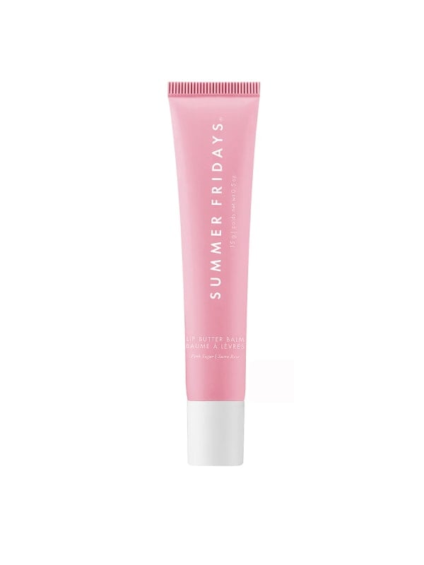 Pink Summer Fridays Lip Butter Balm tube with a white screw cap, shown standing upright on a white background.
