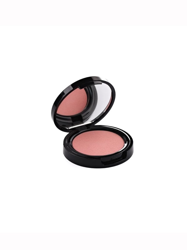 Open round black blush compact with a soft pink powder pan and mirrored lid, shown three-quarter view on a white background.