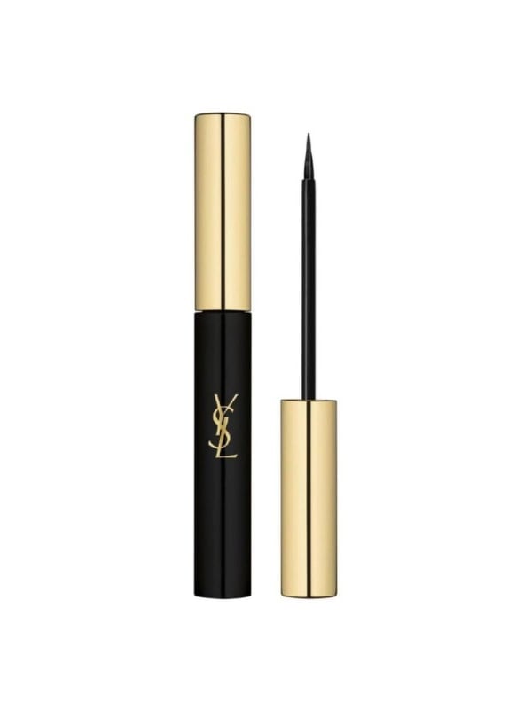 YSL black liquid eyeliner pen with a gold logo cap, shown beside its slim brush applicator on a white background.