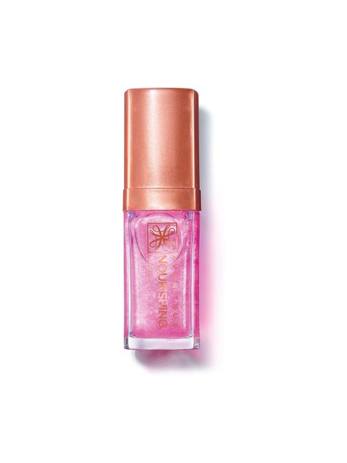 Avon True Nourishing pink lip oil bottle with a rose gold cap and pearlescent shimmer formula, displayed standing on a white background.