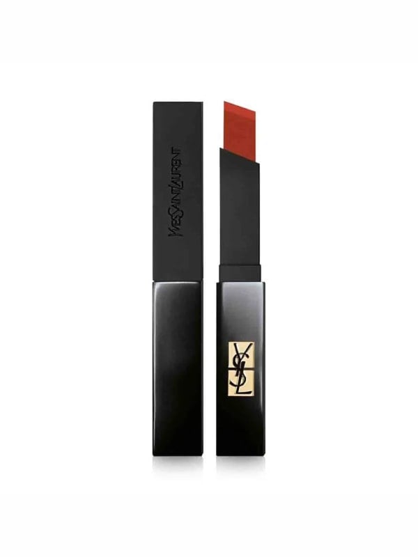 YSL Rouge Pur Couture Velvet matte lipstick in a rich brick red shade, shown beside its rectangular black case on a white background.