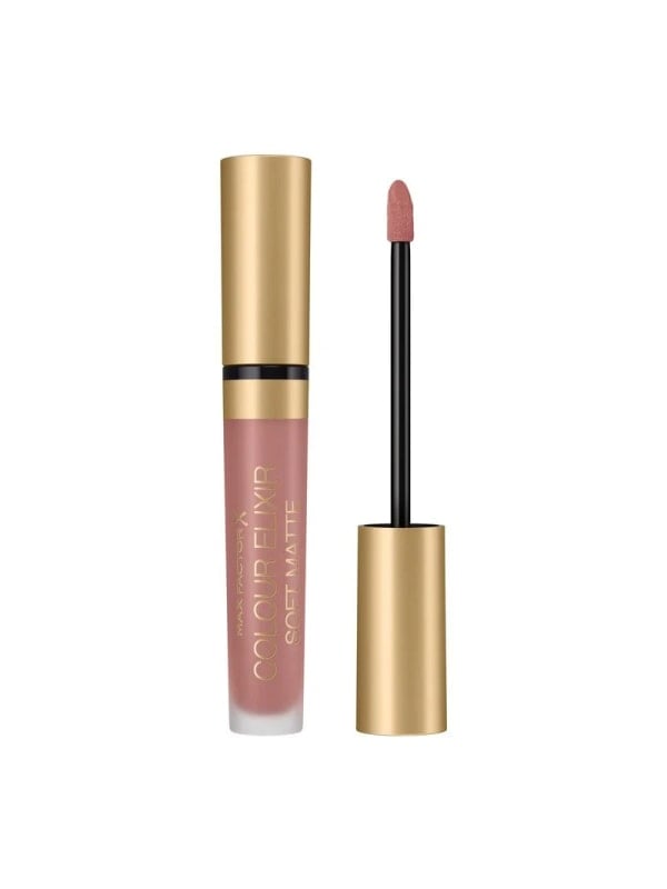 Max Factor Colour Elixir soft matte liquid lipstick in a nude rose shade with gold accents, shown beside its applicator on a white background.