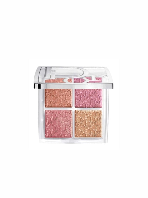 Dior Backstage four-pan glow face palette with rose, peach, and gold-toned highlighter shimmer, displayed front-facing on a white background.