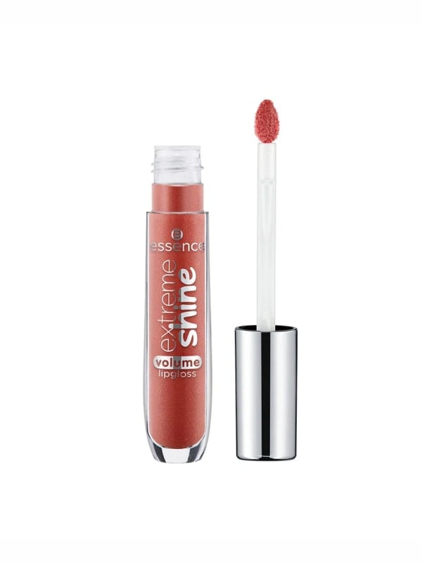 Essence Extreme Shine Volume lipgloss tube in a copper shimmer shade with a chrome cap and matching applicator, displayed on a white background.