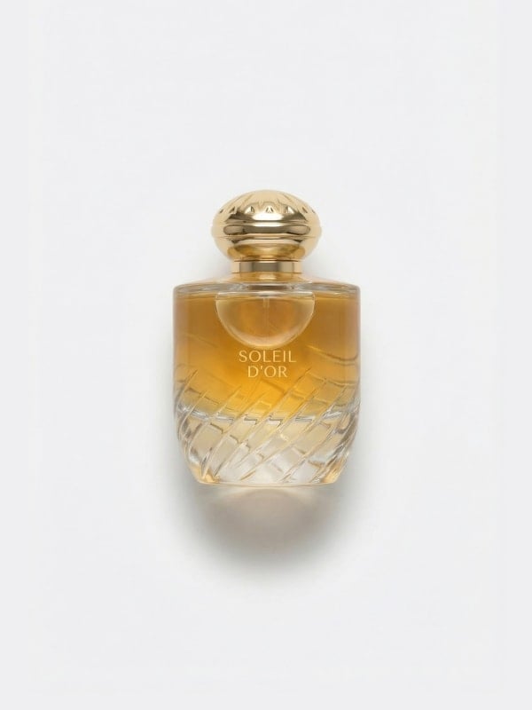 Soleil d'Or perfume bottle with cut-glass faceting and a small gold ball stopper, filled with golden amber liquid, displayed on a light grey background.