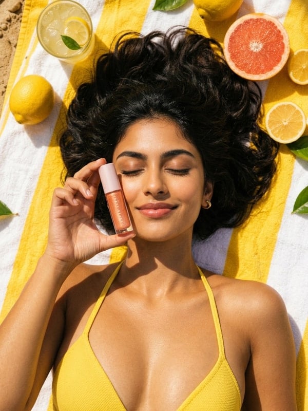 Overhead shot of a smiling woman in a yellow bikini lying on a striped yellow beach towel holding a Fenty Beauty gloss tube, surrounded by halved citrus and a lemonade glass.