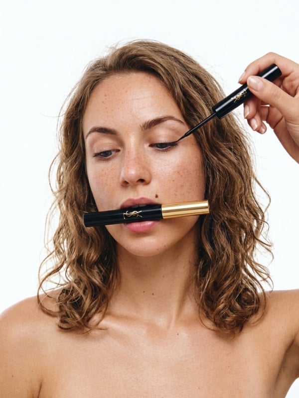 Curly-haired woman holding a YSL liquid eyeliner pen between her teeth while applying liner with the brush, against a clean white backdrop.