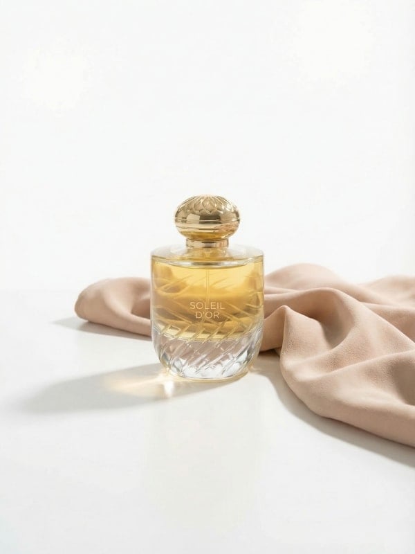Soleil d'Or perfume bottle backlit on a clean white surface beside a cascading soft pink silk drape.