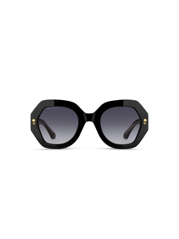 Black hexagonal Etro sunglasses with thick acetate frames and small gold floral accents, shown front-facing on a white background.