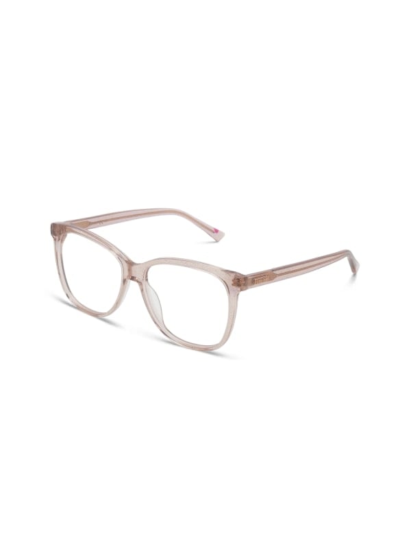 Translucent pink square optical glasses with clear lenses, shown in three-quarter view on a white background.