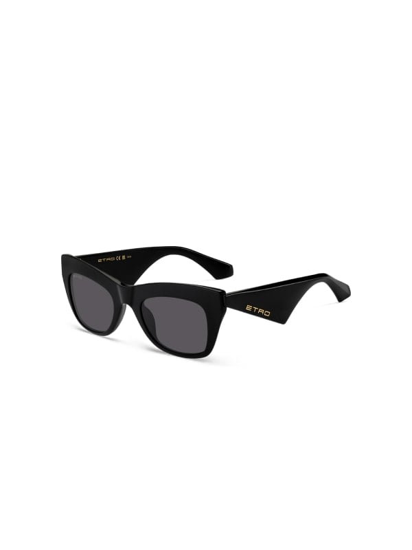 Black acetate cat-eye Etro sunglasses with dark lenses and gold logo on the temples, shown in three-quarter view on a white background.