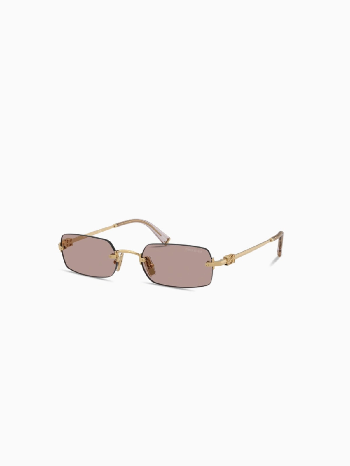 Rimless rectangular Miu Miu sunglasses with thin gold metal arms and pink-tinted lenses, shown in three-quarter view on a white background.