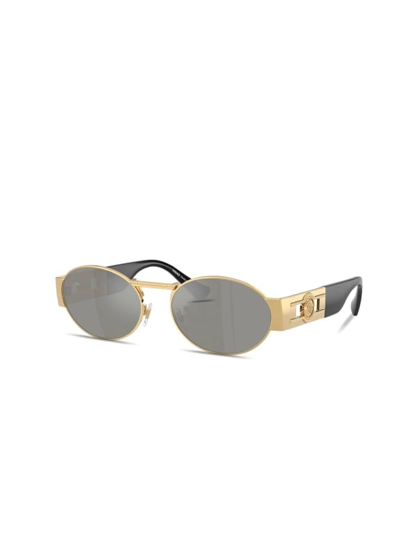 Oval Versace sunglasses with gold metal frames, mirrored silver lenses, and the Medusa motif on the temples, shown in three-quarter view on a white background.