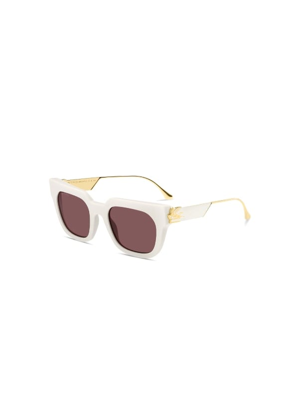 White acetate Etro cat-eye sunglasses with rose-tinted square lenses and gold floral logo on the arms, shown in three-quarter view on a white background.