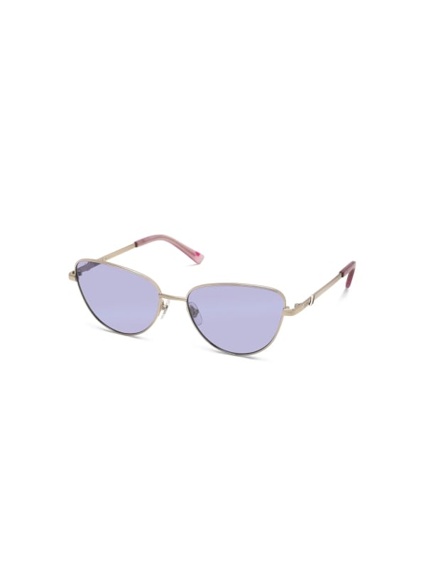 Gold-rimmed Roberto Cavalli cat-eye sunglasses with violet-tinted lenses and pink acetate tips, shown in three-quarter view on a white background.