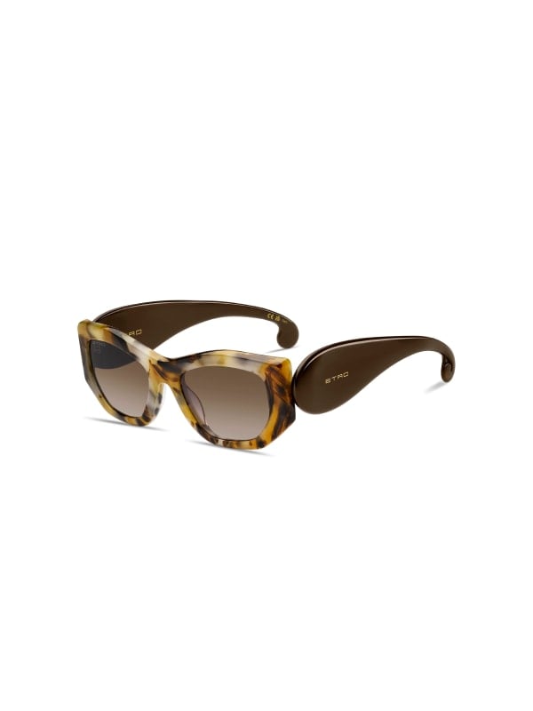Tortoiseshell Etro butterfly sunglasses with thick olive-green temples and gradient lenses, shown in three-quarter view on a white background.