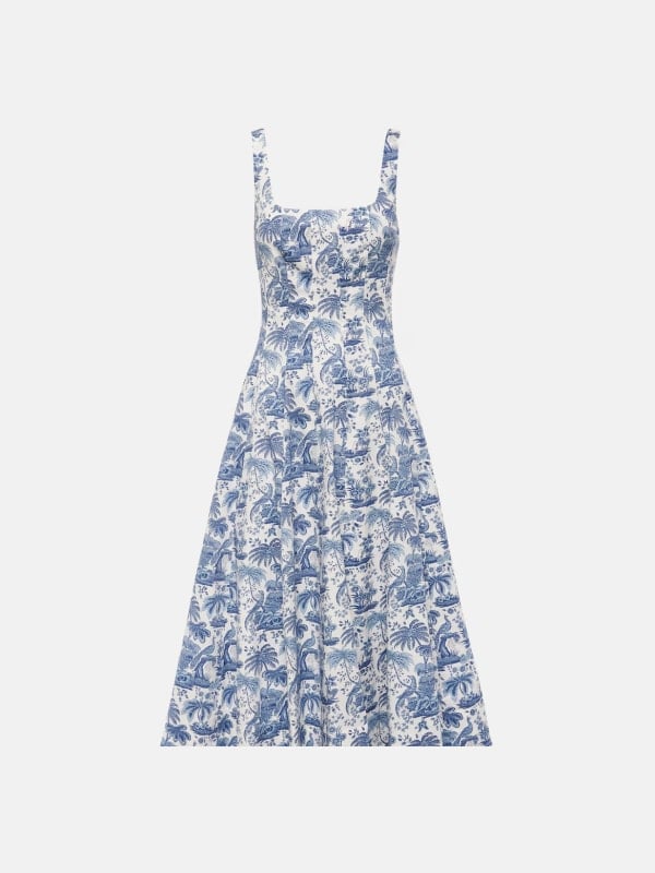 Blue and white tropical-print midi dress with square neckline and full A-line skirt, displayed flat on a light background.