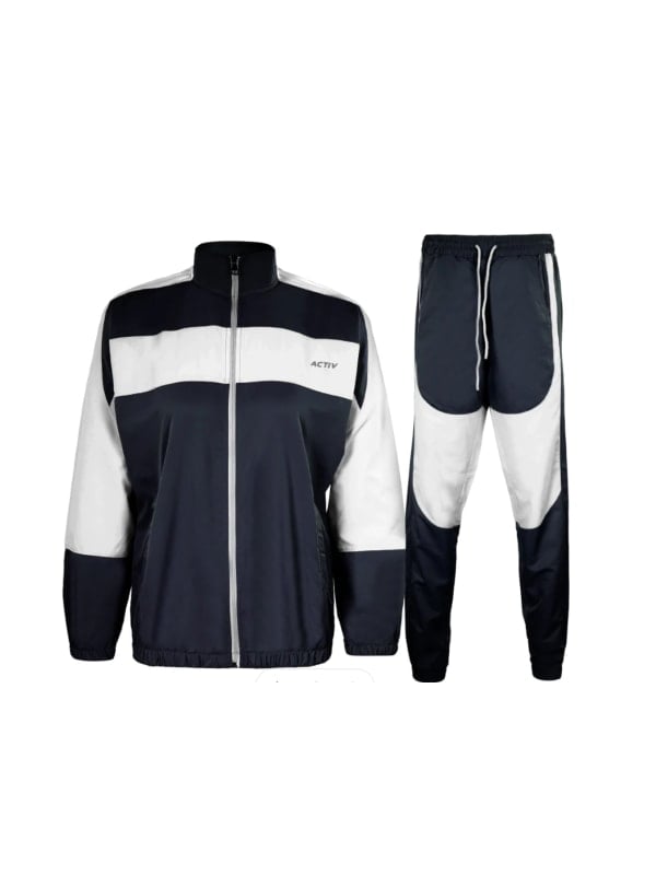 Navy and white colour-blocked tracksuit set with the Activ logo on the chest, shown flat on a white background.