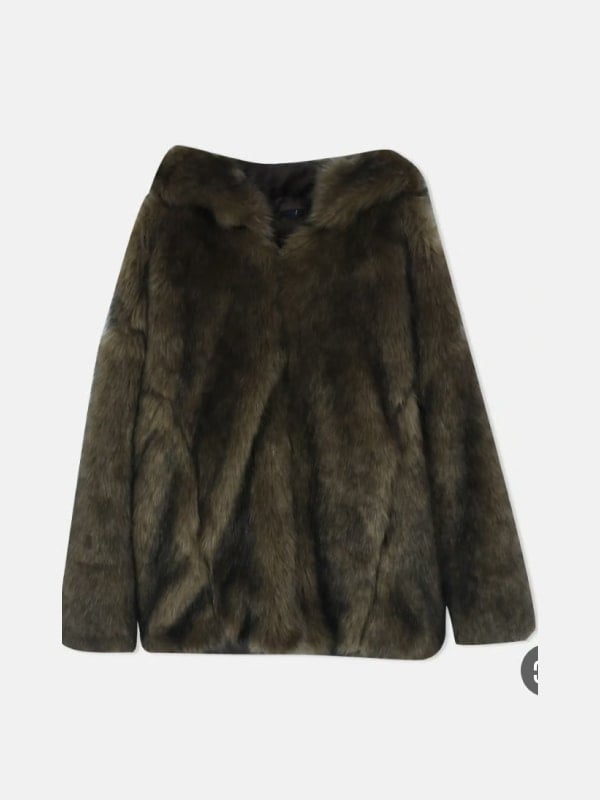 Brown faux fur coat with notched collar and full sleeves, displayed flat on a light grey background.
