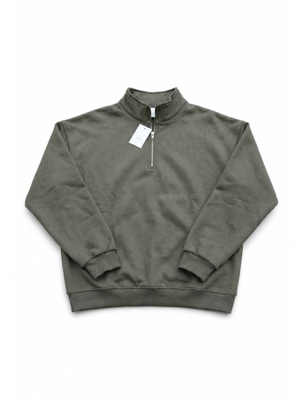 Olive green half-zip pullover sweatshirt with a stand collar and price tag attached, displayed flat on a white background.