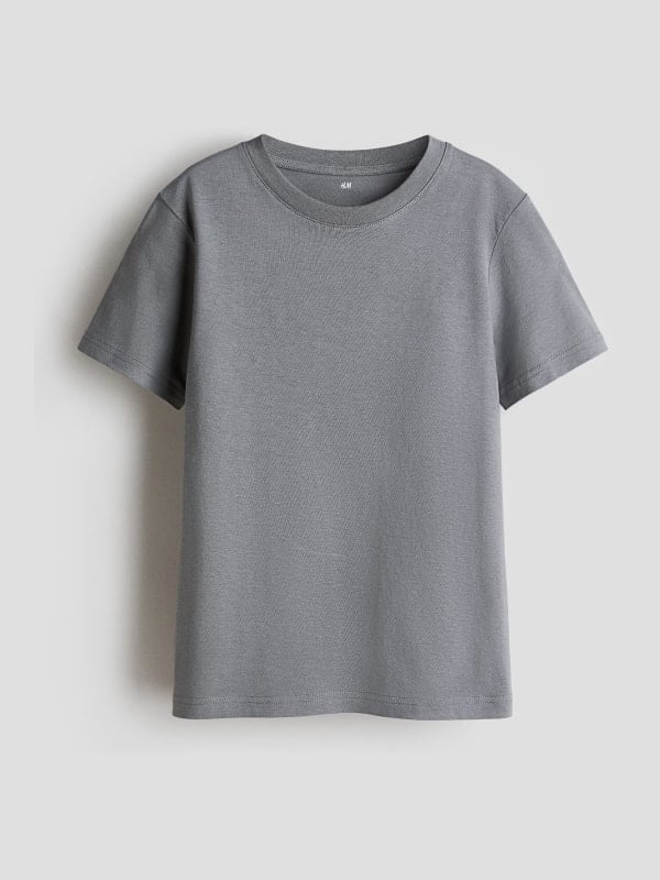 Plain grey H&M cotton crew-neck t-shirt with short sleeves, shown flat on a light background.