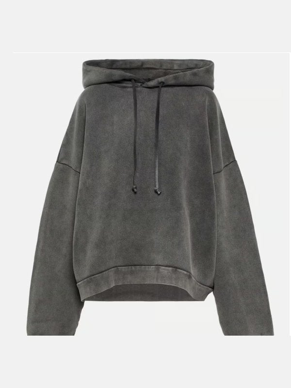 Charcoal grey washed cotton hoodie with drawstring hood and dropped shoulders, shown flat on a light background.