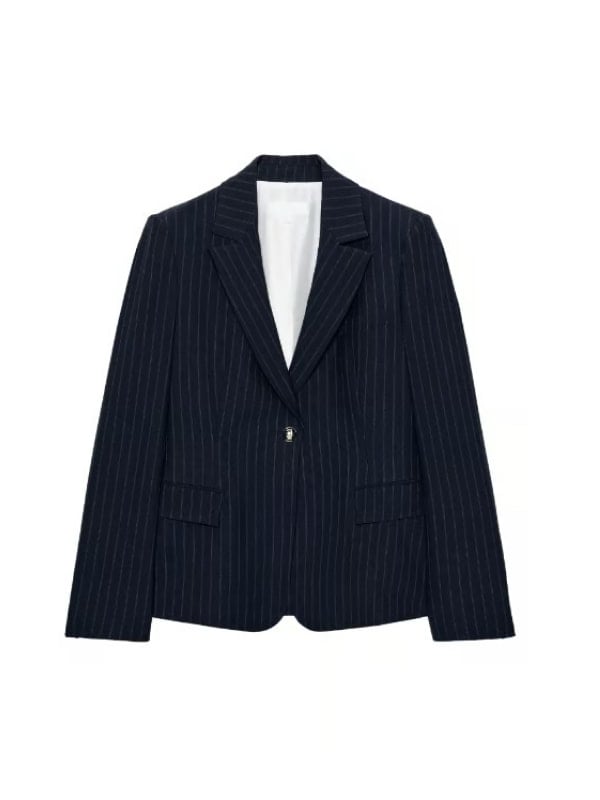 Navy pinstripe single-breasted blazer with peak lapels and flap pockets, displayed flat on a light background.