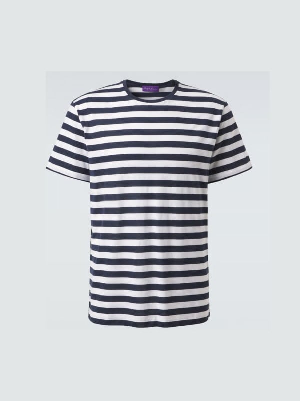 Navy and white Breton-striped short-sleeve t-shirt with a purple Ralph Lauren logo at the neckline, displayed flat on a light grey background.
