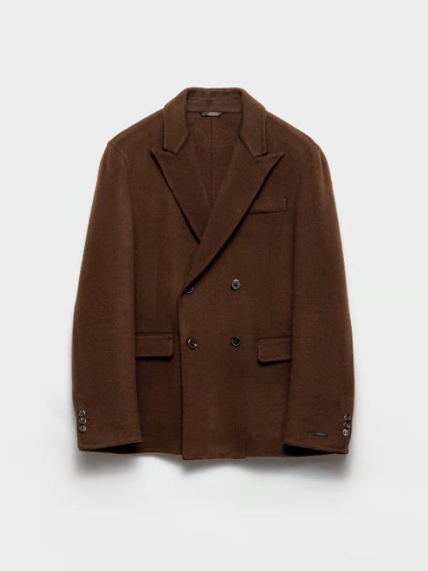 Brown wool double-breasted blazer with peak lapels and dark buttons, displayed flat on a white background.