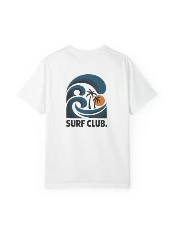 White short-sleeve t-shirt with a Surf Club graphic featuring blue waves and palm trees on the back, shown flat on a white background.