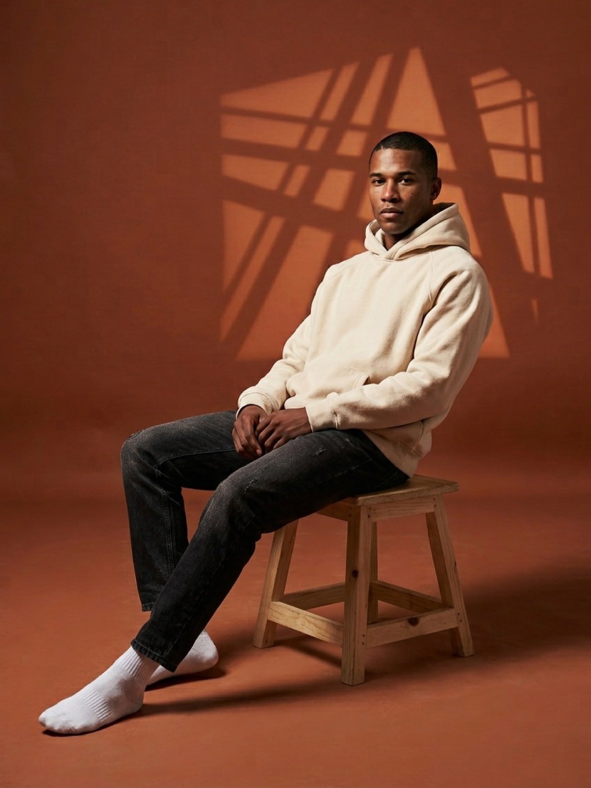 Man in a cream UGG hoodie and dark jeans seated on a wooden stool against a terracotta studio backdrop with window-light shadows.