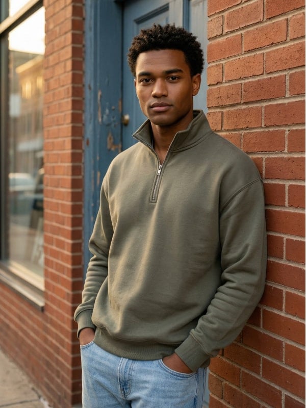 Man in an olive half-zip pullover and light jeans leaning against a red brick wall on a city street.