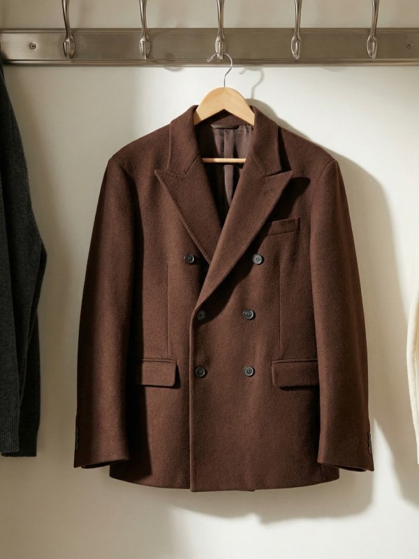 Brown wool double-breasted blazer hanging on a wooden hanger from a metal rail, in soft natural light.