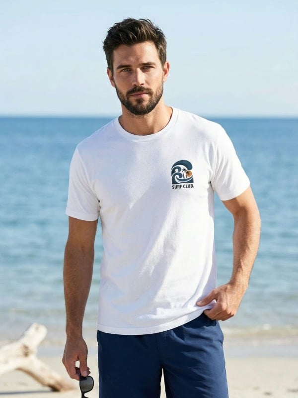 Bearded man in a white Surf Club graphic t-shirt and navy shorts standing on a sandy beach with the ocean behind him.
