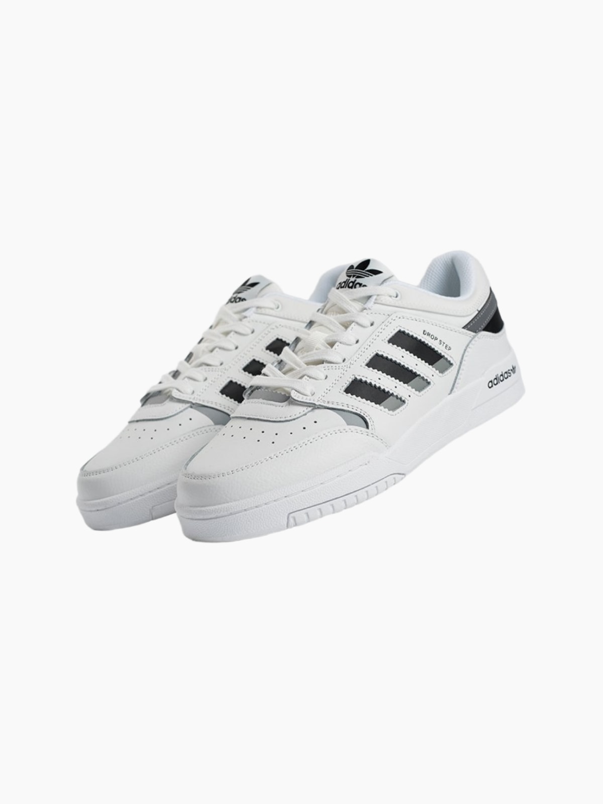 Pair of white Adidas Drop Step low-top sneakers with black stripes and trefoil logo, shown in three-quarter view on a white background.