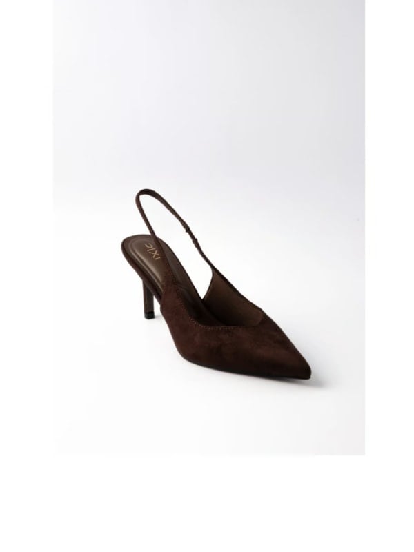 Brown suede slingback pump with a pointed toe and stiletto heel, shown in three-quarter view on a white background.