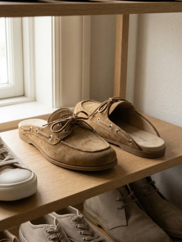 Tan Miu Miu suede boat shoes on a wooden shelf in a sunlit closet, with other shoes arranged on the shelves below.